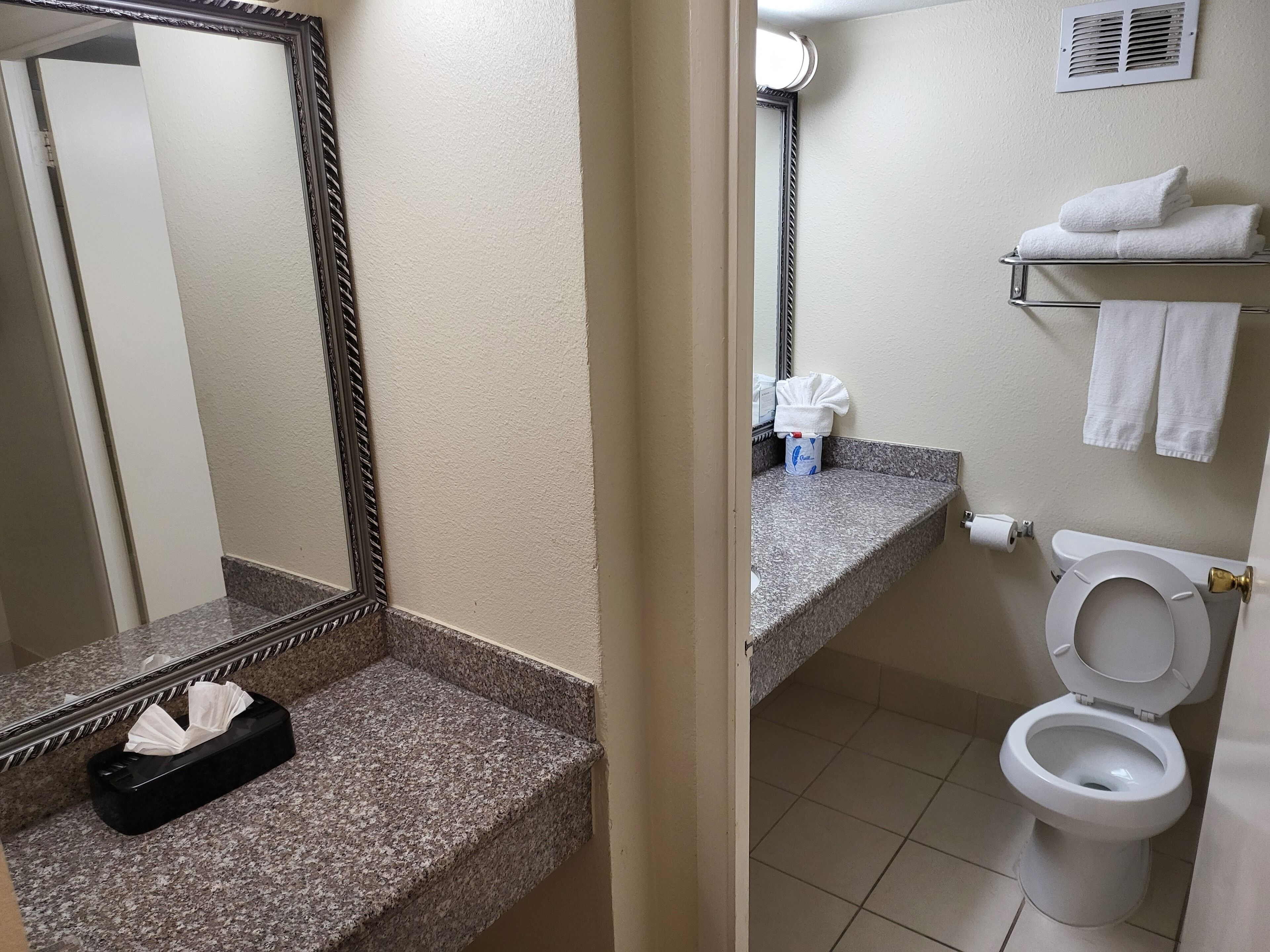 A bathroom with a granite countertop, a toilet, a towel rack, and a mirror.