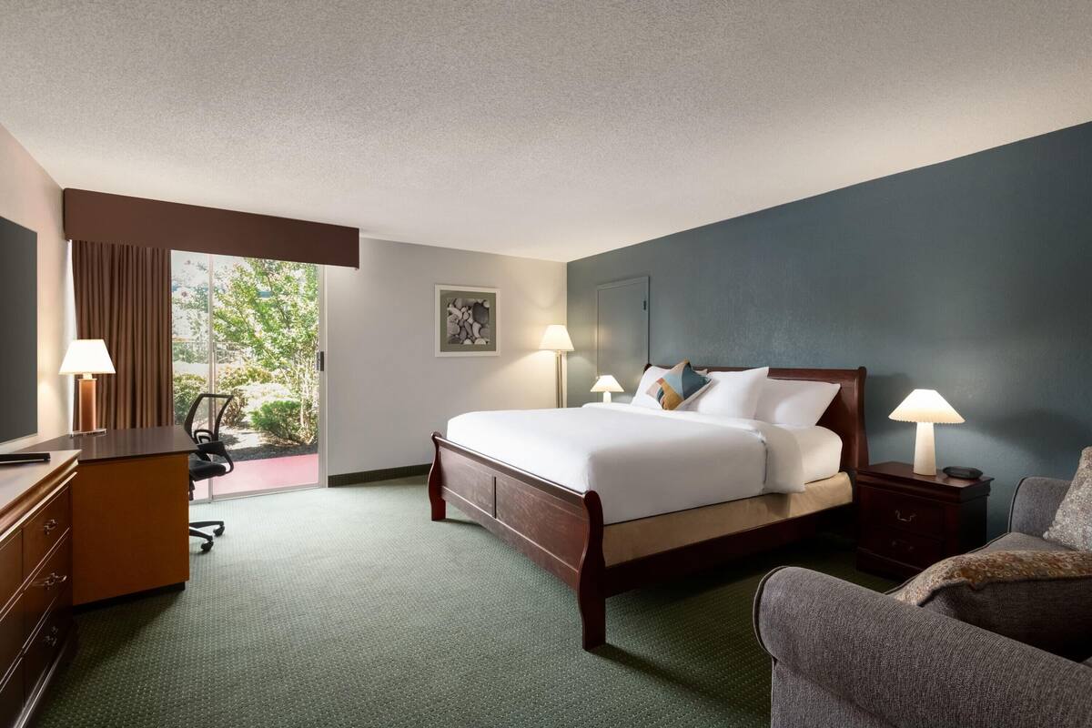 Habitación de hotel con una cama grande, dos mesitas de noche con lámparas, un escritorio con una silla y vistas al verdor exterior.