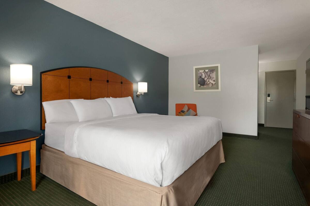 Una habitación de hotel con una cama grande, dos mesitas de noche, una lámpara de pared, un cuadro y una puerta que da a otra habitación.