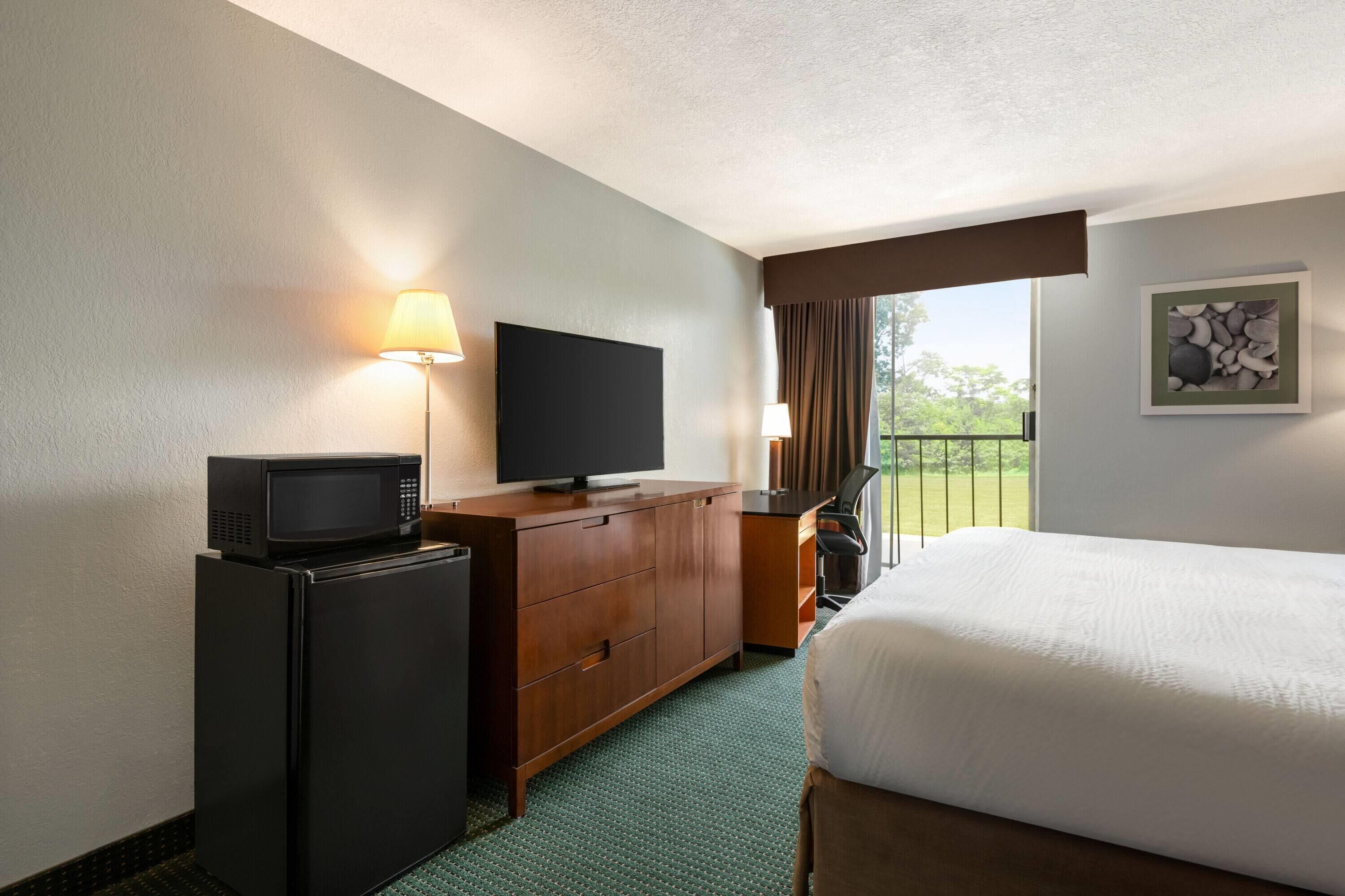 A hotel room with a bed, a desk with a TV, a microwave, and a window with a view.