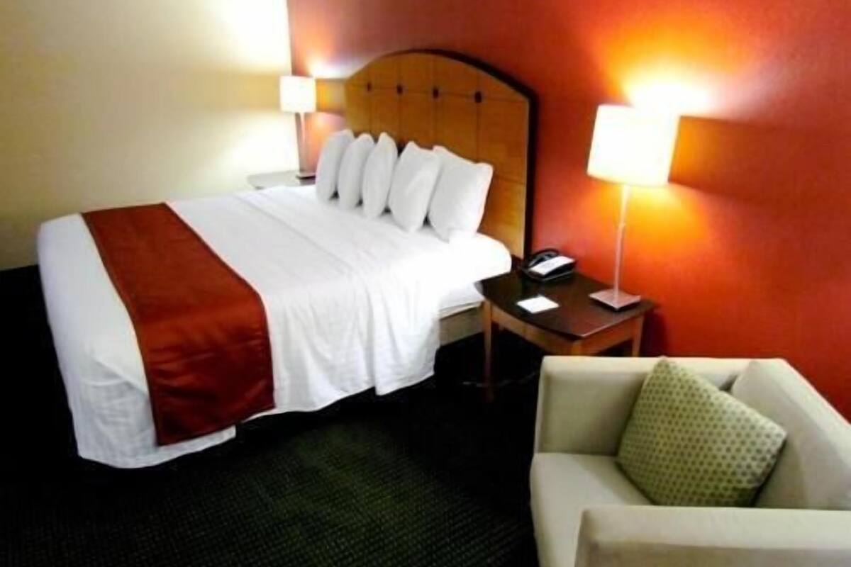 Una habitación de hotel con cama, lámparas de noche, mesita de noche y sofá.