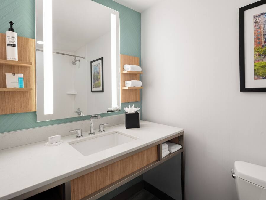 A modern bathroom with a large mirror, a white sink, and a toilet. There are wooden shelves with toiletries and a framed picture on the wall.