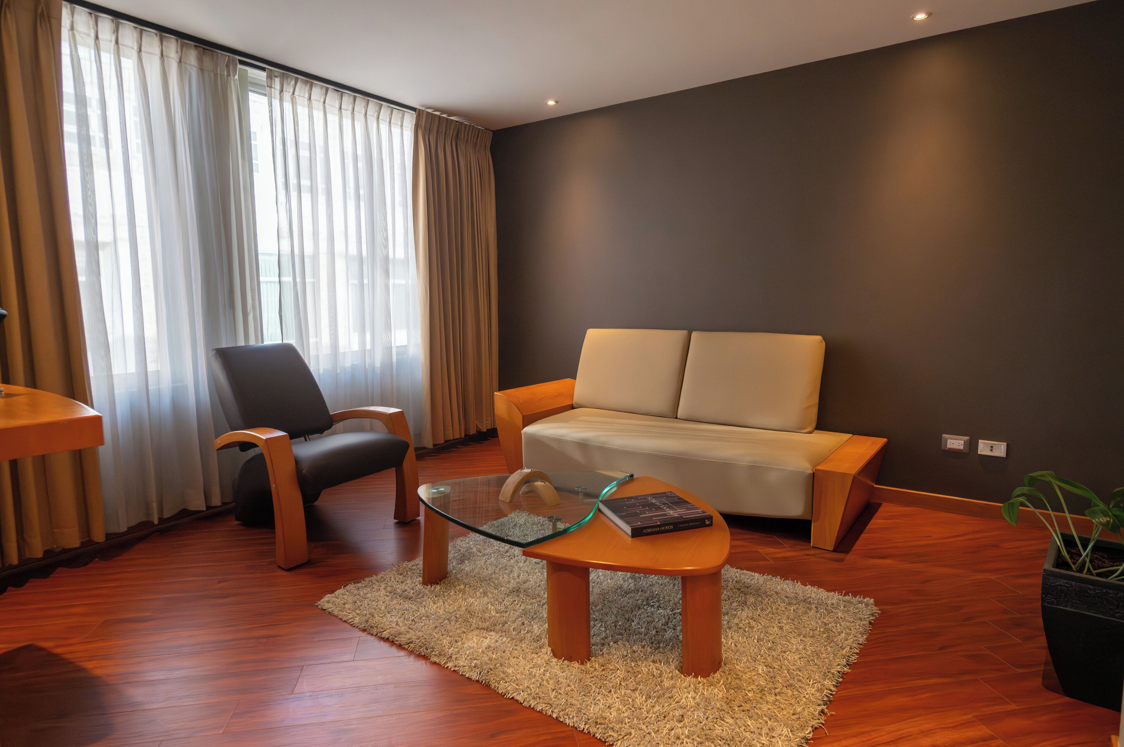 A modern living room with a sofa, a chair, a glass coffee table, and a potted plant.