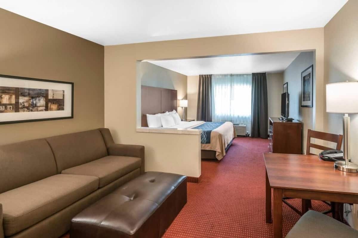A hotel room with a bed, a sofa, a dining table, and a small desk.