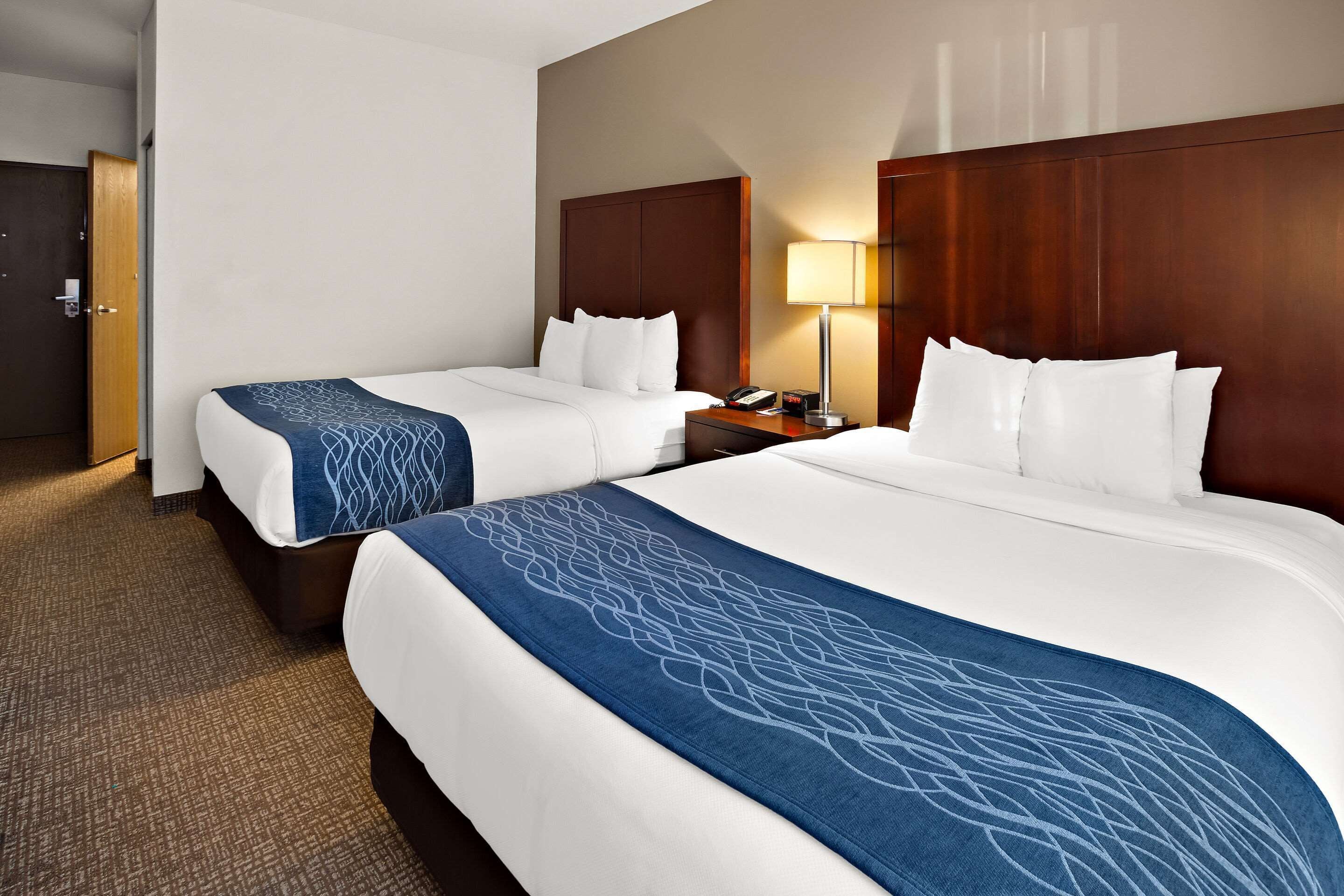 Habitación de hotel con dos camas, cada una con cabecero de madera, ropa de cama blanca y una manta estampada azul. Se observa una mesita de noche con una lámpara y un teléfono a un lado.