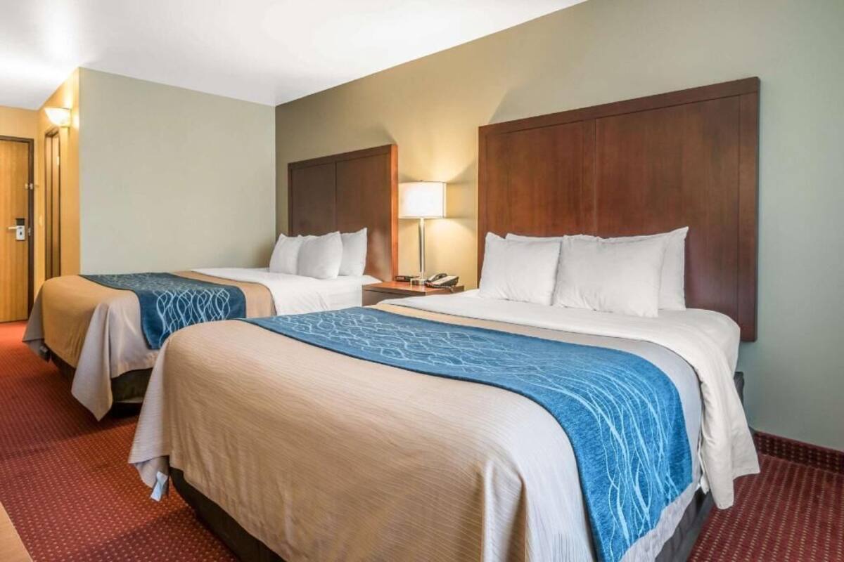 A hotel room with two beds, a nightstand, a lamp, and a door.