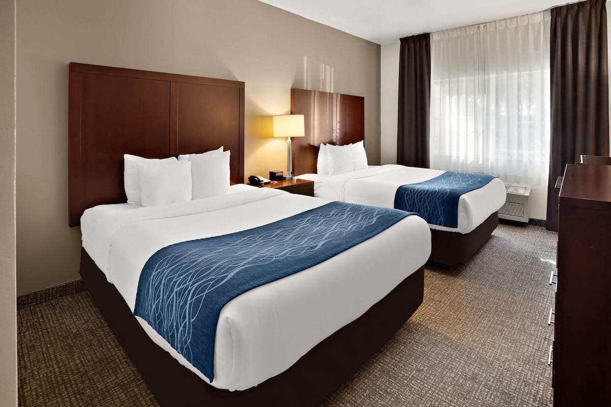 A hotel room with two beds, a nightstand with a lamp, a large window with curtains, and a wooden headboard.
