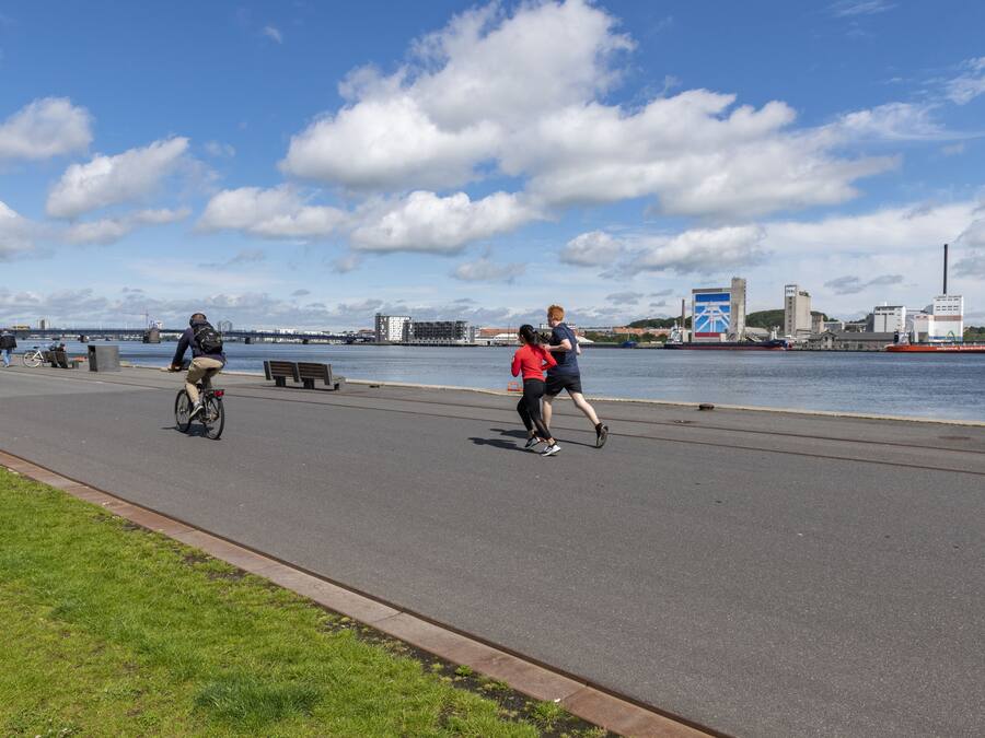 Een verhard pad langs de waterkant, met fietsers en voetgangers.