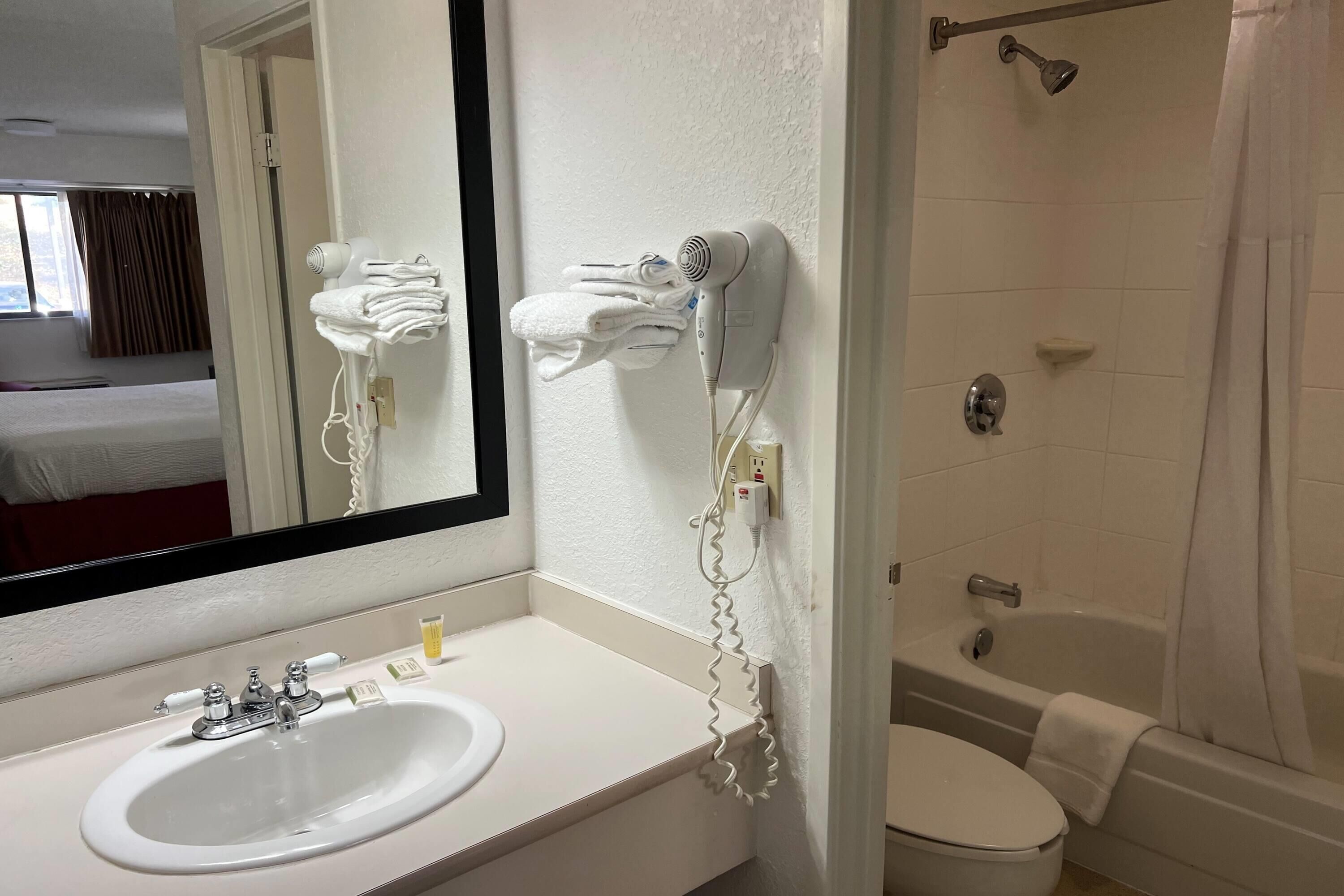 Et badeværelse på et hotel med en hvid vask, et spejl, en hårtørrer og en bruser.