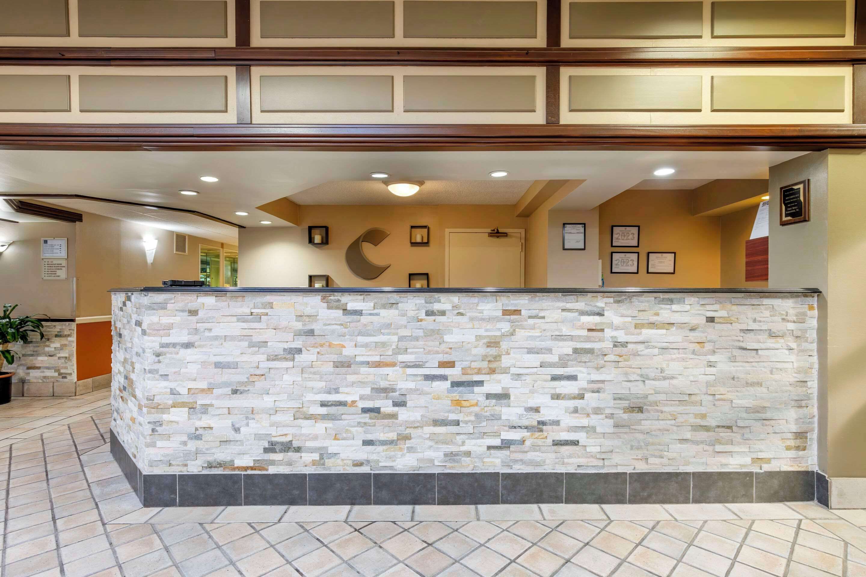 A reception area with a stone-textured counter, framed certificates on the wall, and a potted plant.