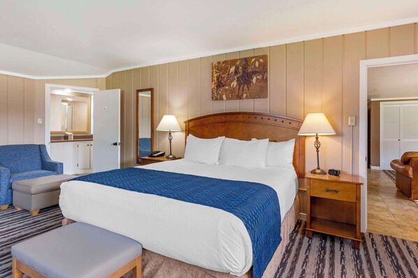 A hotel room with a large bed, two bedside tables with lamps, a chair, a desk, and a mirror.