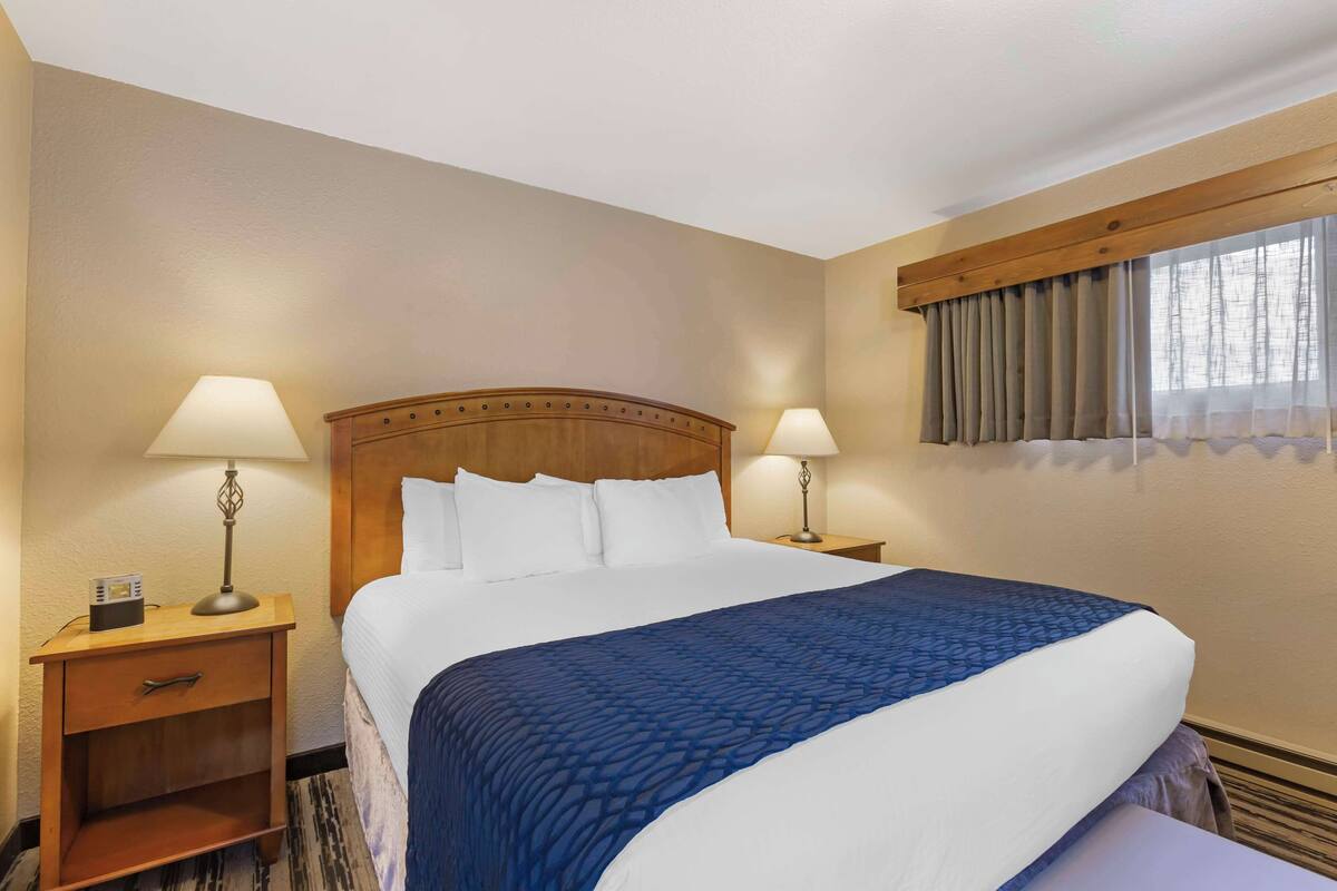 Habitación de hotel con una cama grande, dos mesitas de noche con lámparas, un cabecero de madera y una ventana con cortinas.