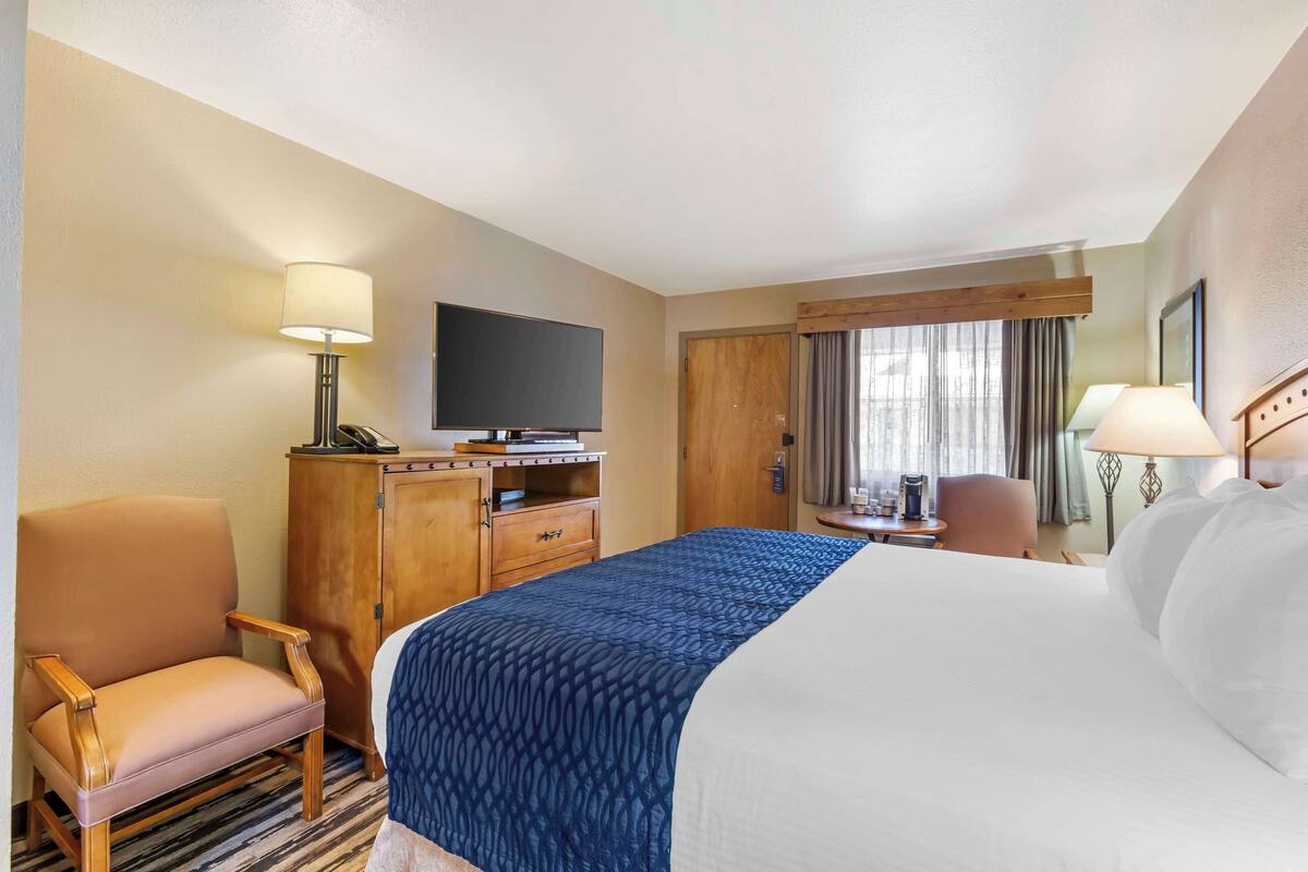 Habitación de hotel con cama, escritorio con televisor de pantalla plana, silla, armario y ventana con cortinas.