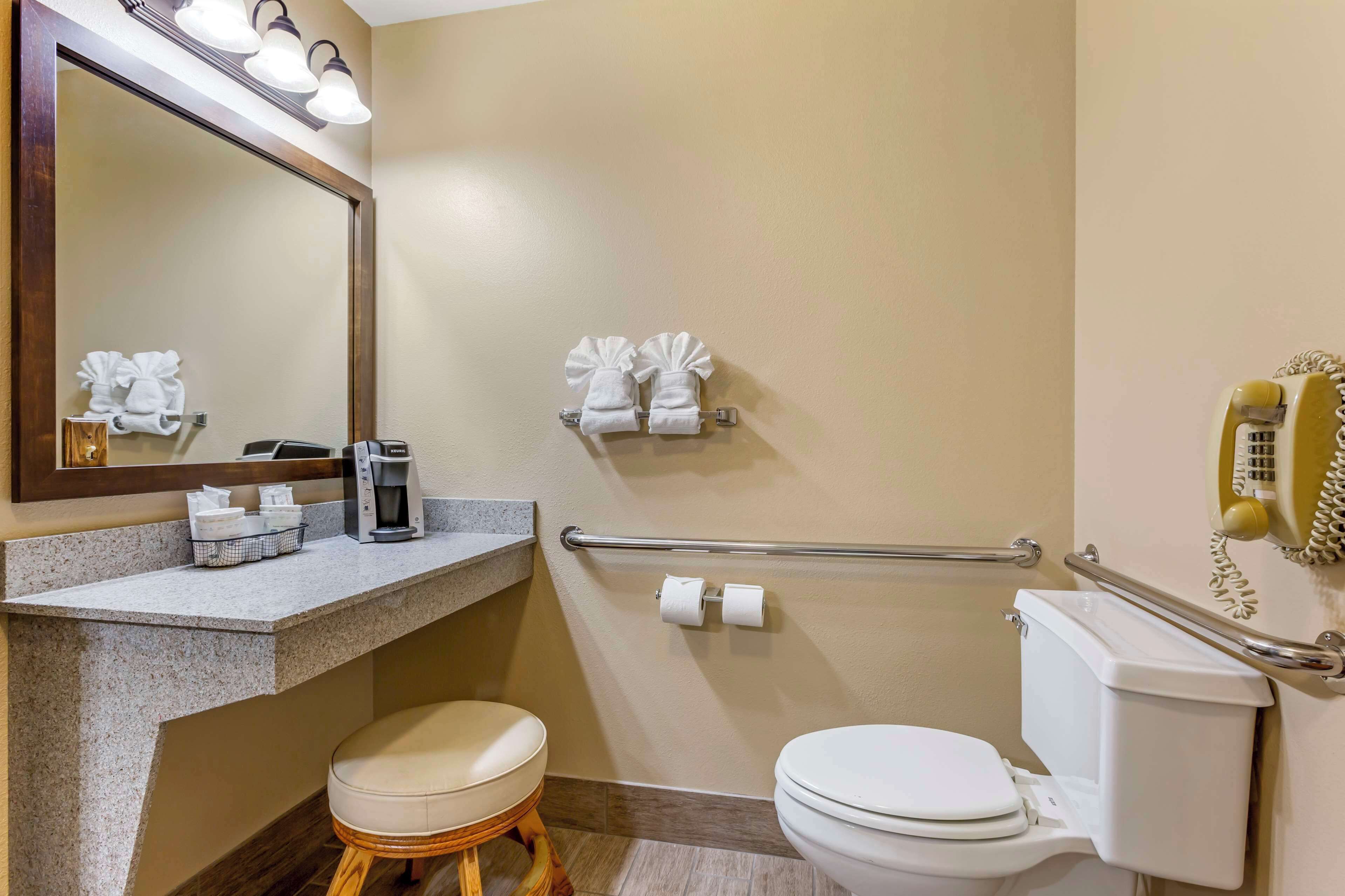 A bathroom with a toilet, a sink with a mirror, a handrail, and a telephone.