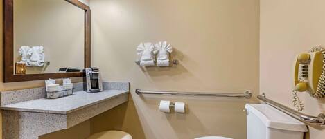 A bathroom with a toilet, a sink with a mirror, a handrail, and a telephone.