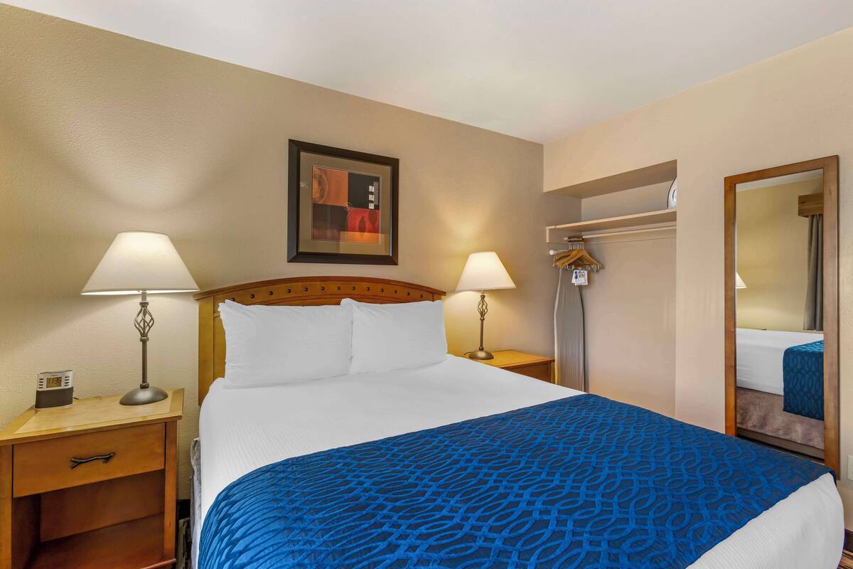 Habitación de hotel con una cama grande, dos mesitas de noche con lámparas, un cuadro enmarcado en la pared y un espejo.