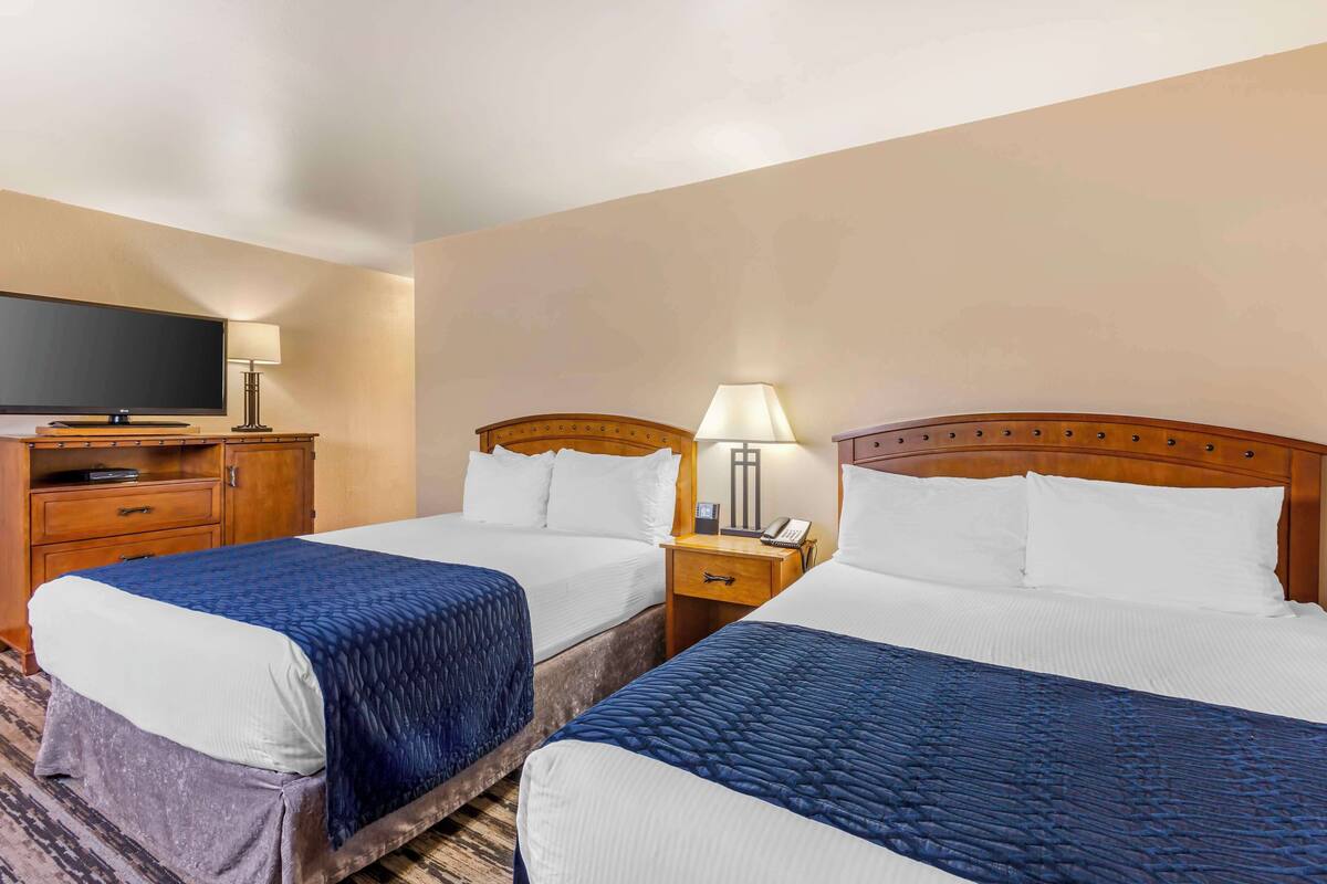 Una habitación de hotel con dos camas, televisión, escritorio y lámpara.