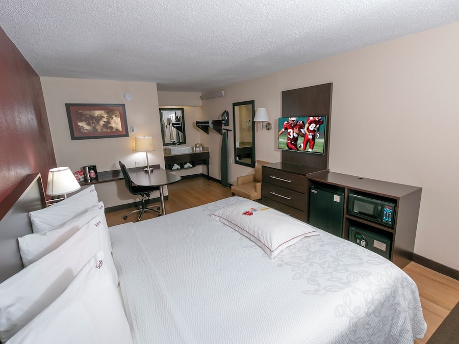 A hotel room with a bed, desk, chair, TV, and a microwave.