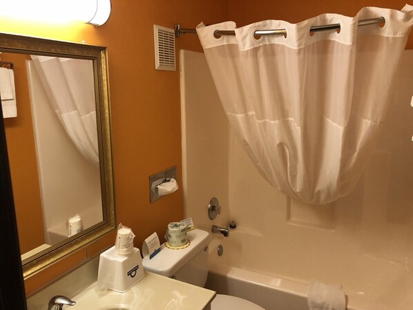 Un baño con cortina de ducha, inodoro, lavamanos y espejo.