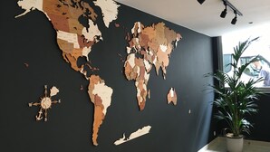 Une carte du monde décorative sur un mur sombre, une boussole et une plante en pot.