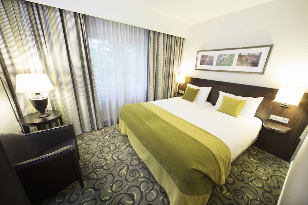 Habitación de hotel con una cama grande, dos mesitas de noche con lámparas, una silla y una alfombra estampada.