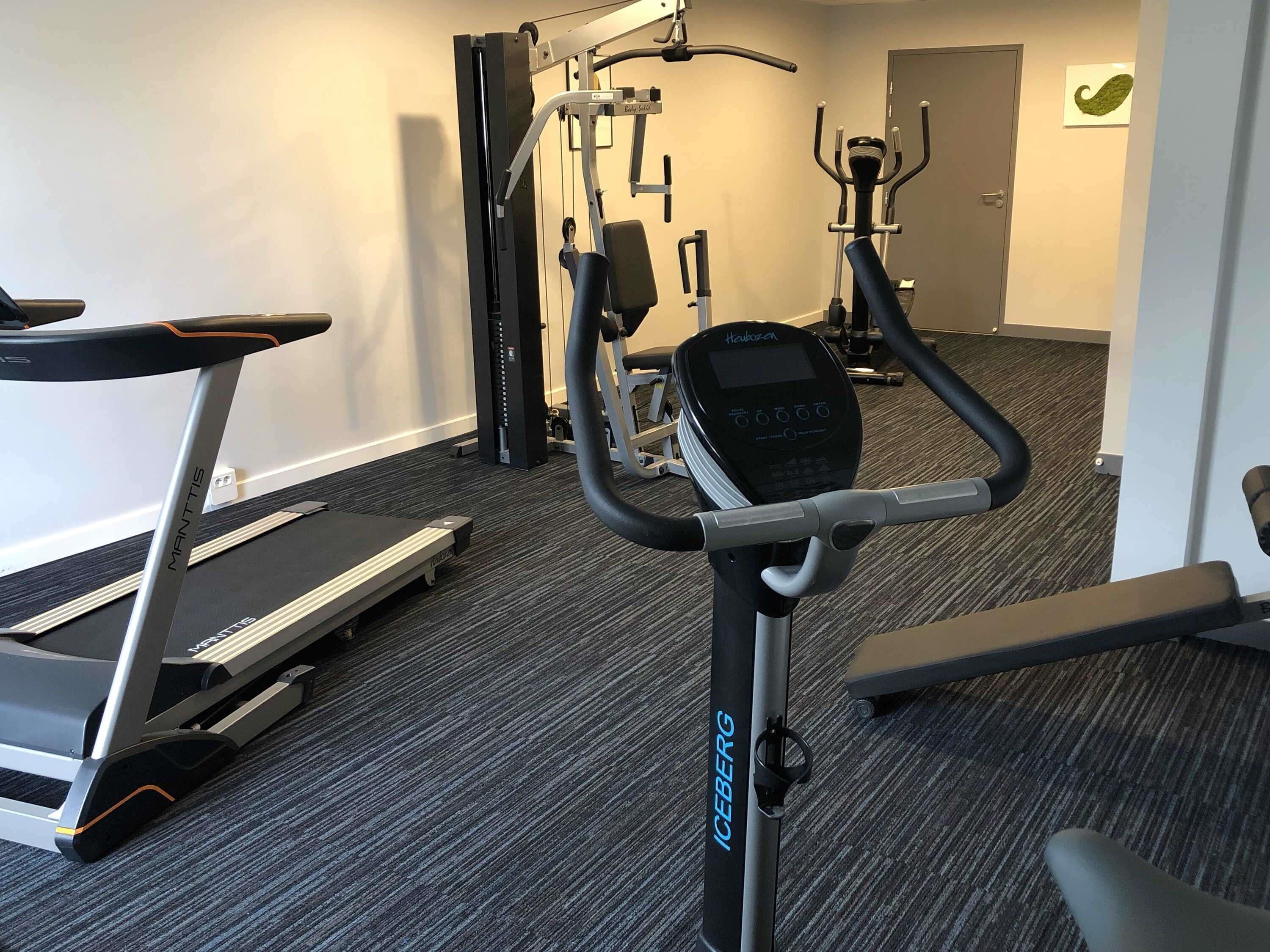Un gimnasio con cintas de correr, elípticas y máquinas de pesas.
