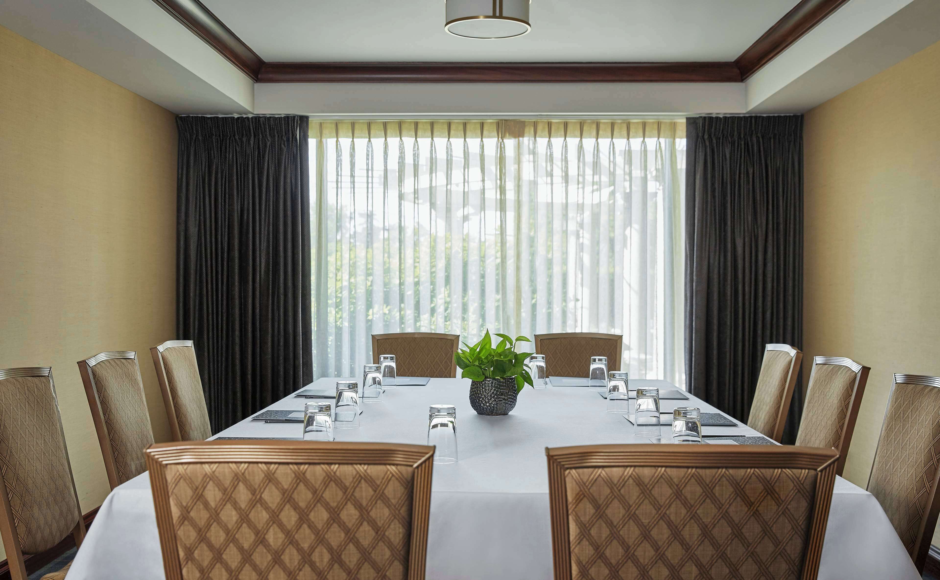 A conference room with a long table, chairs, a plant, and a window with curtains.