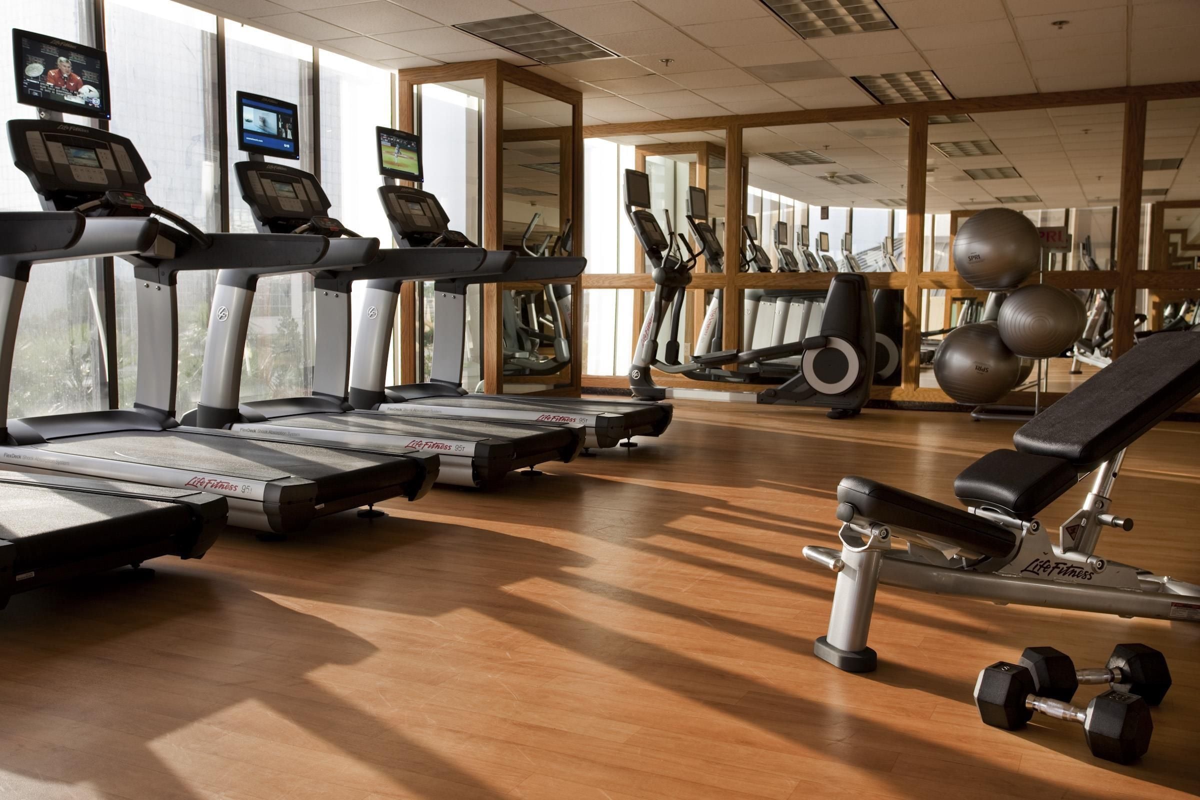 A gym with treadmills, exercise bikes, and free weights.