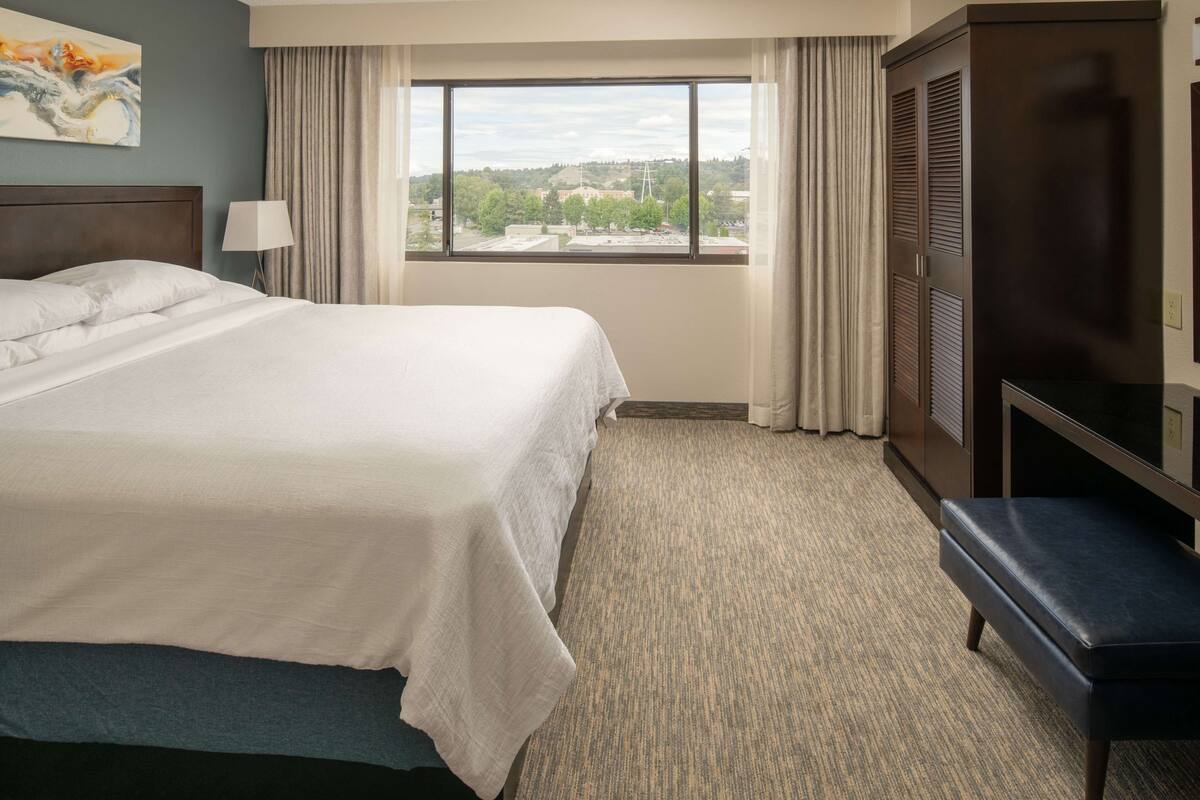 A hotel room with a large bed, a view of the city, a wardrobe, and a bench.
