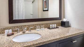 A bathroom with a granite countertop, a white sink, a large mirror, a framed picture on the wall, and a tissue box.