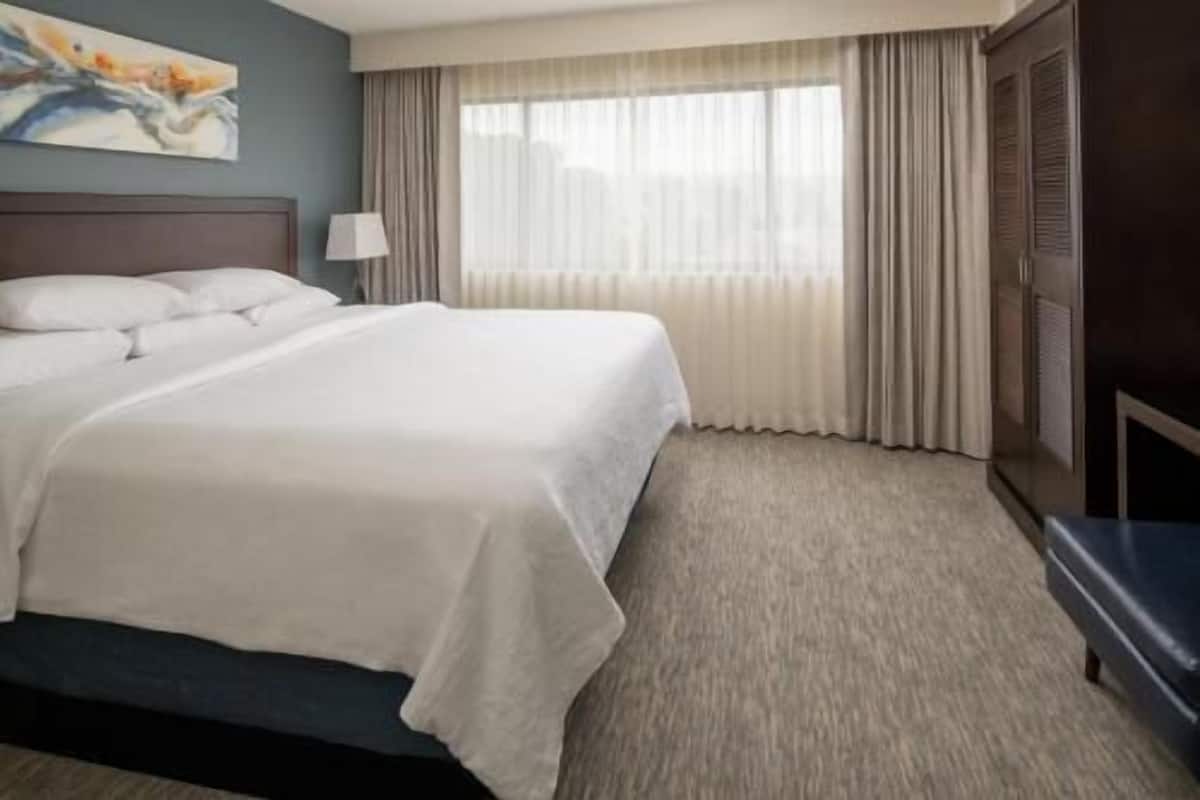 Habitación de hotel con una cama grande, un escritorio y una ventana con cortinas.