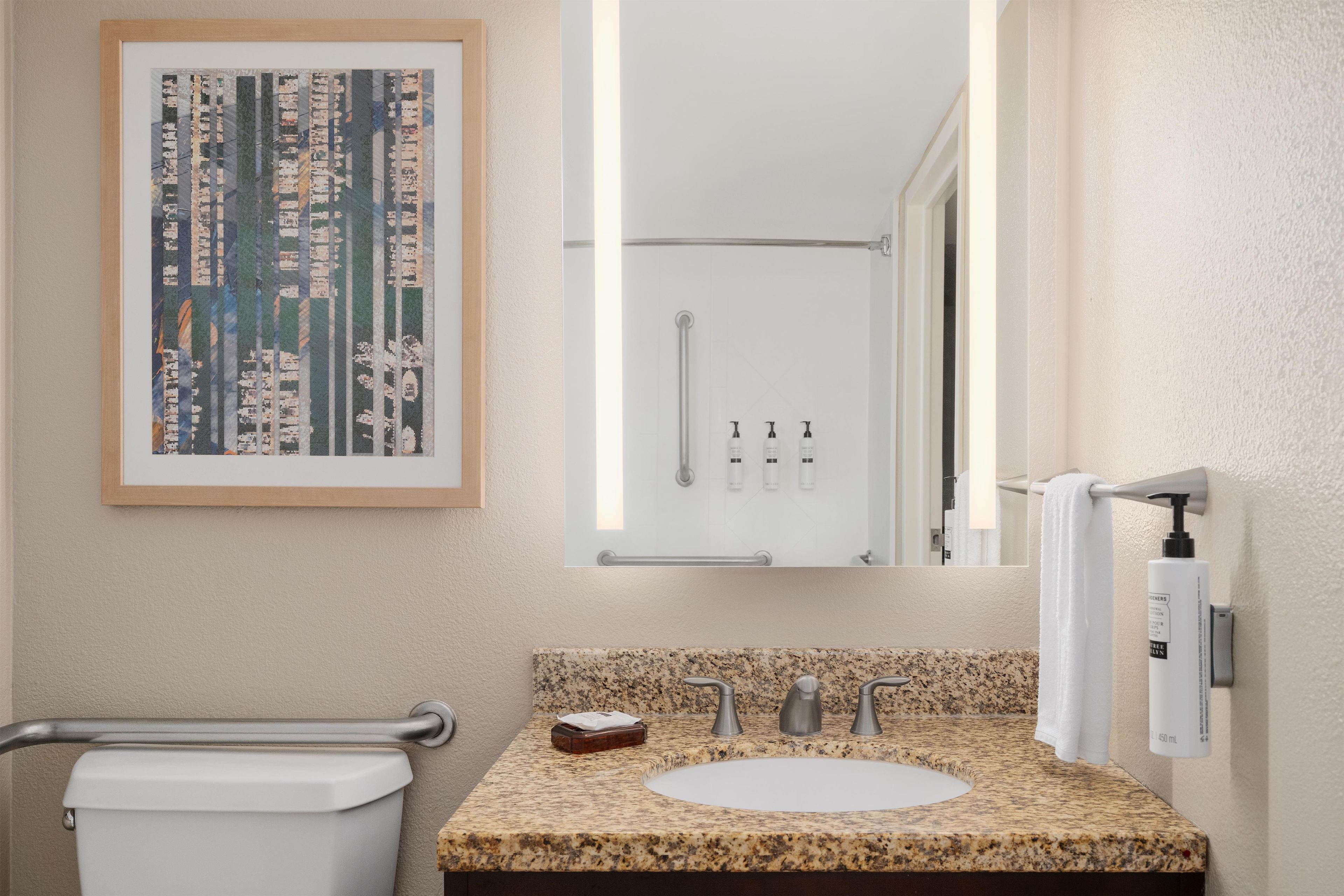 Une salle de bain avec un lavabo doté d’un plan de travail en granit, une œuvre d’art encadrée au-dessus du miroir et un distributeur de serviettes.
