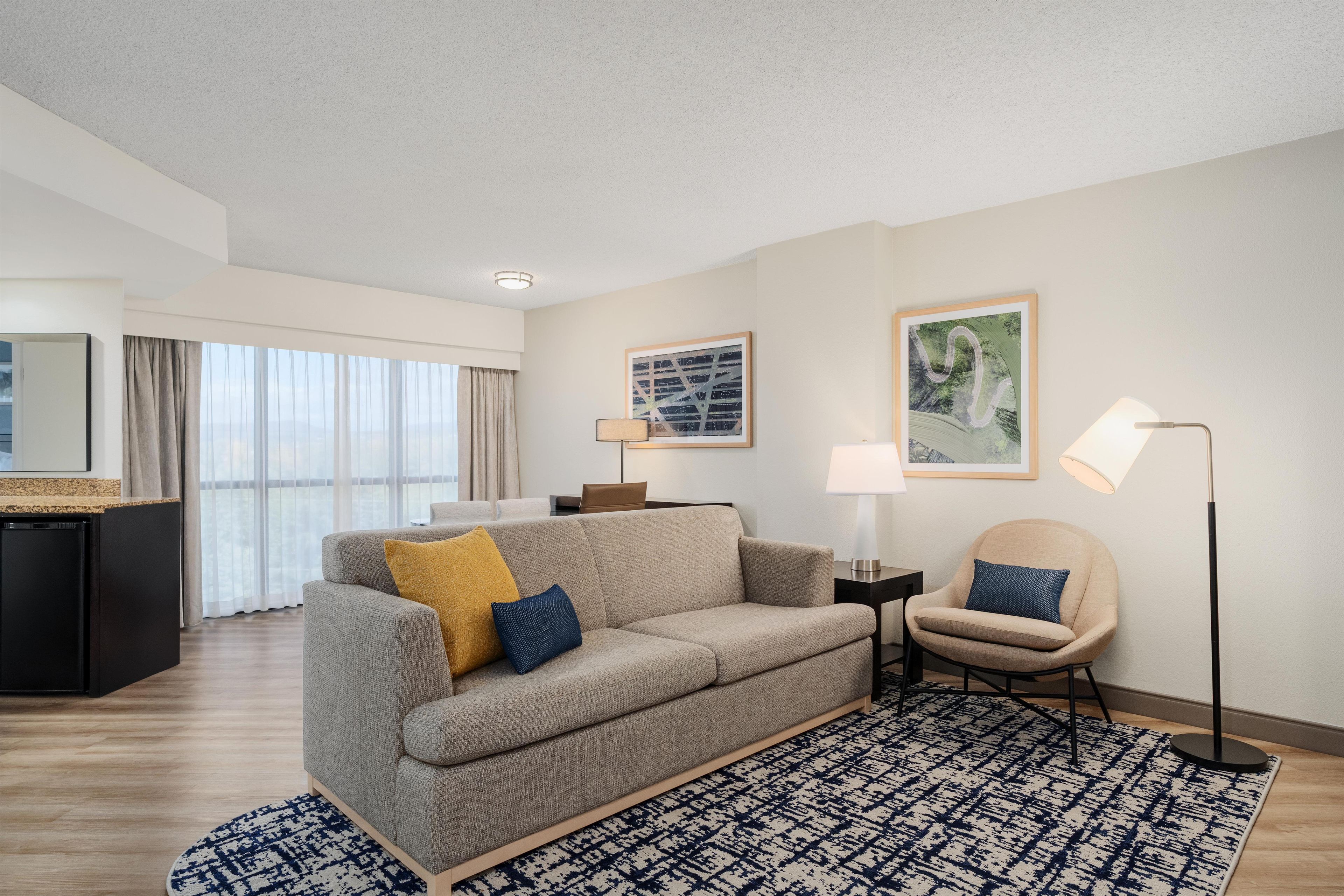 A modern living room with a sofa, armchair, and a patterned rug.