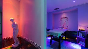 Relax in a serene spa room with a single bed, toiletries at hand, and elegant artwork on the walls.