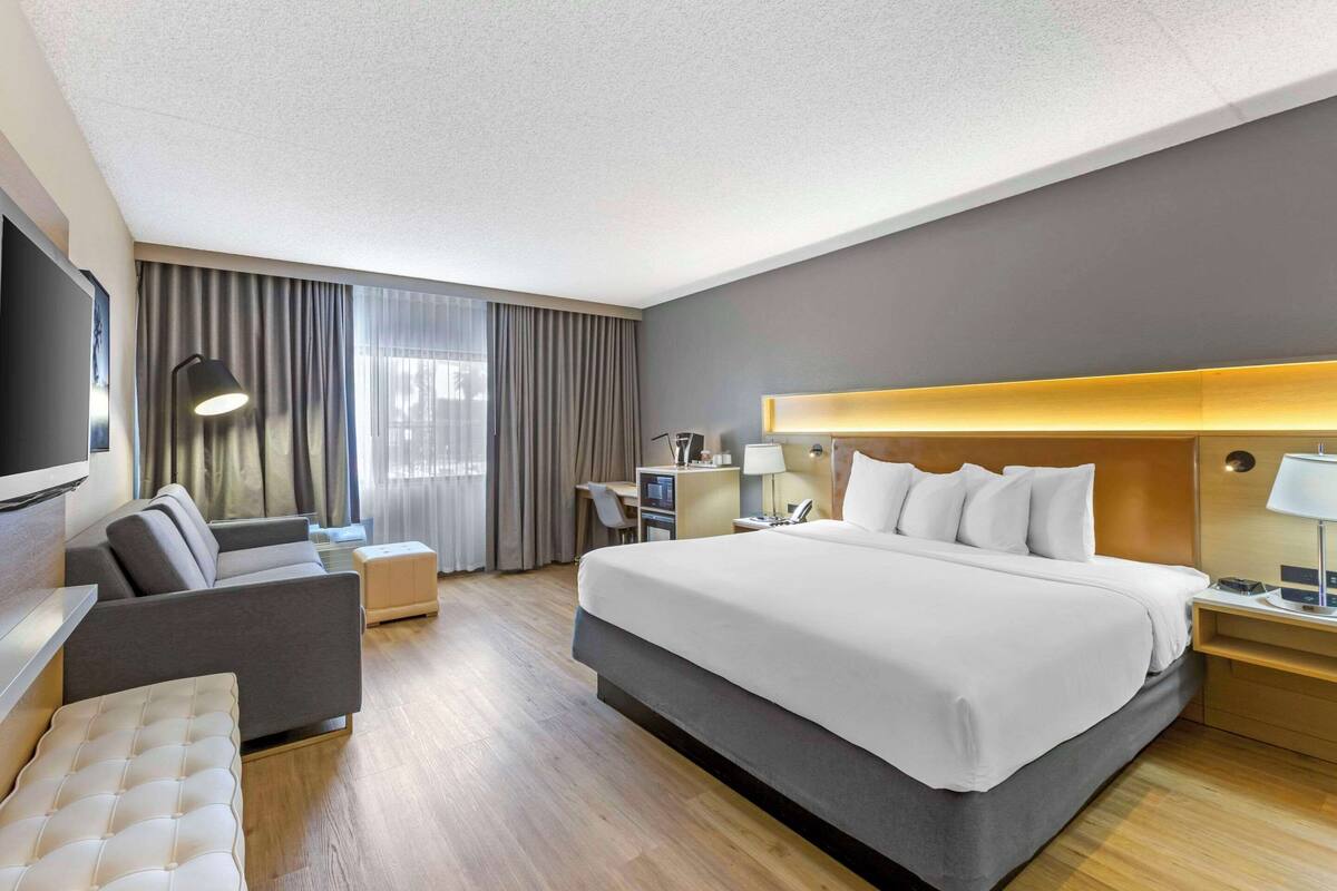 Una habitación de hotel moderna con una cama grande, un sofá, un escritorio y un televisor.