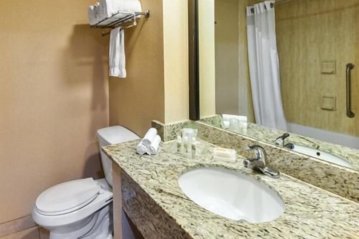 A bathroom with a sink, mirror, towel rack, and toilet.