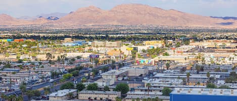 A cityscape with a mountain range in the background, featuring a mix of commercial and residential buildings.