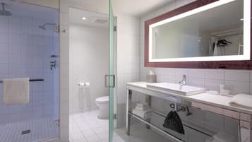 A modern bathroom with a glass shower enclosure, a white toilet, and a vanity with a large mirror.
