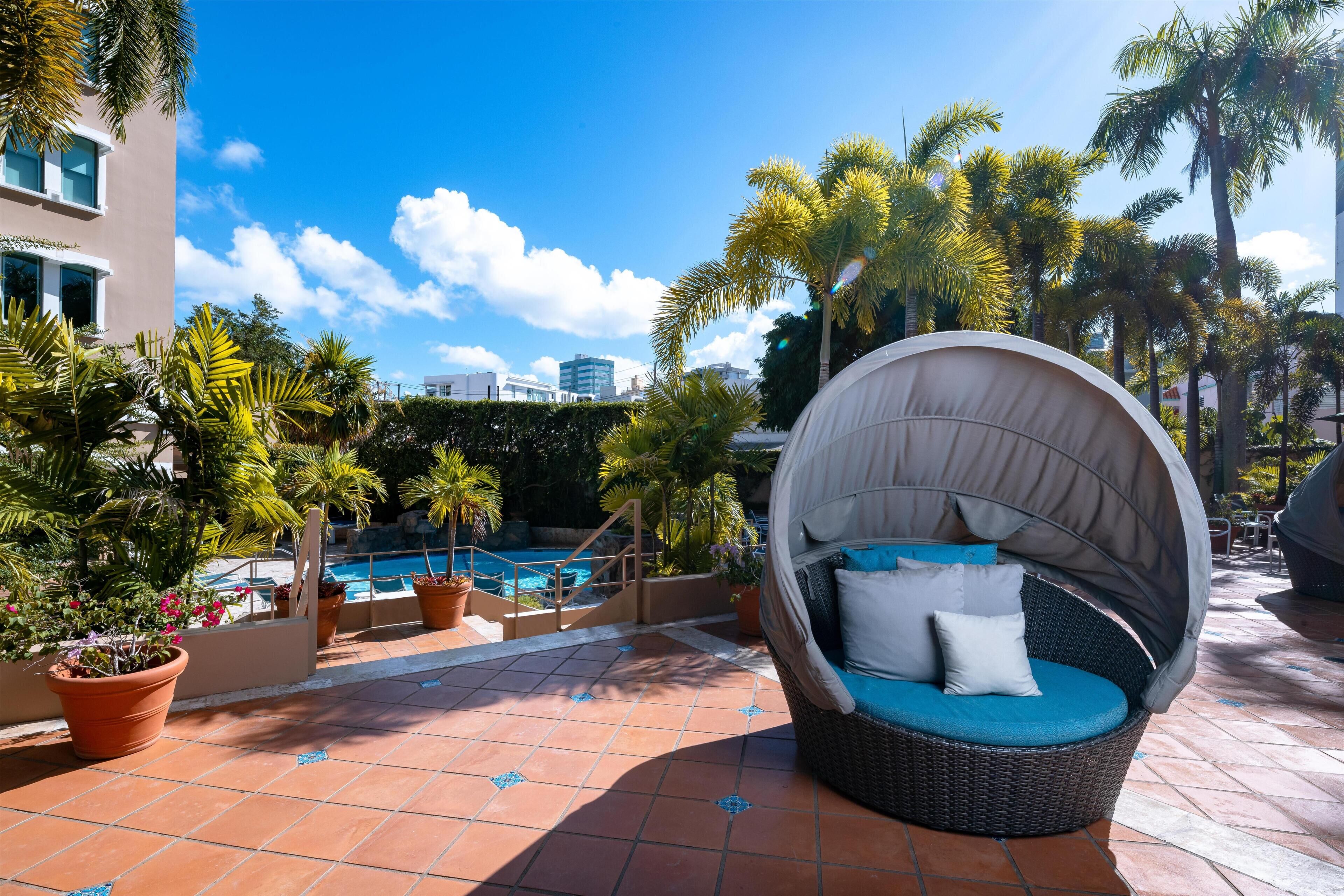 Outdoor pool, pool umbrellas, pool loungers