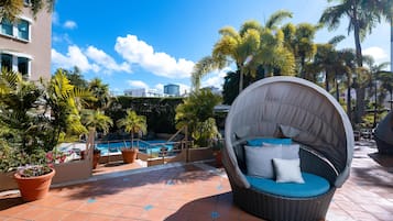 Outdoor pool, pool umbrellas, pool loungers