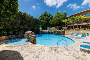 Outdoor pool, pool umbrellas, sun loungers