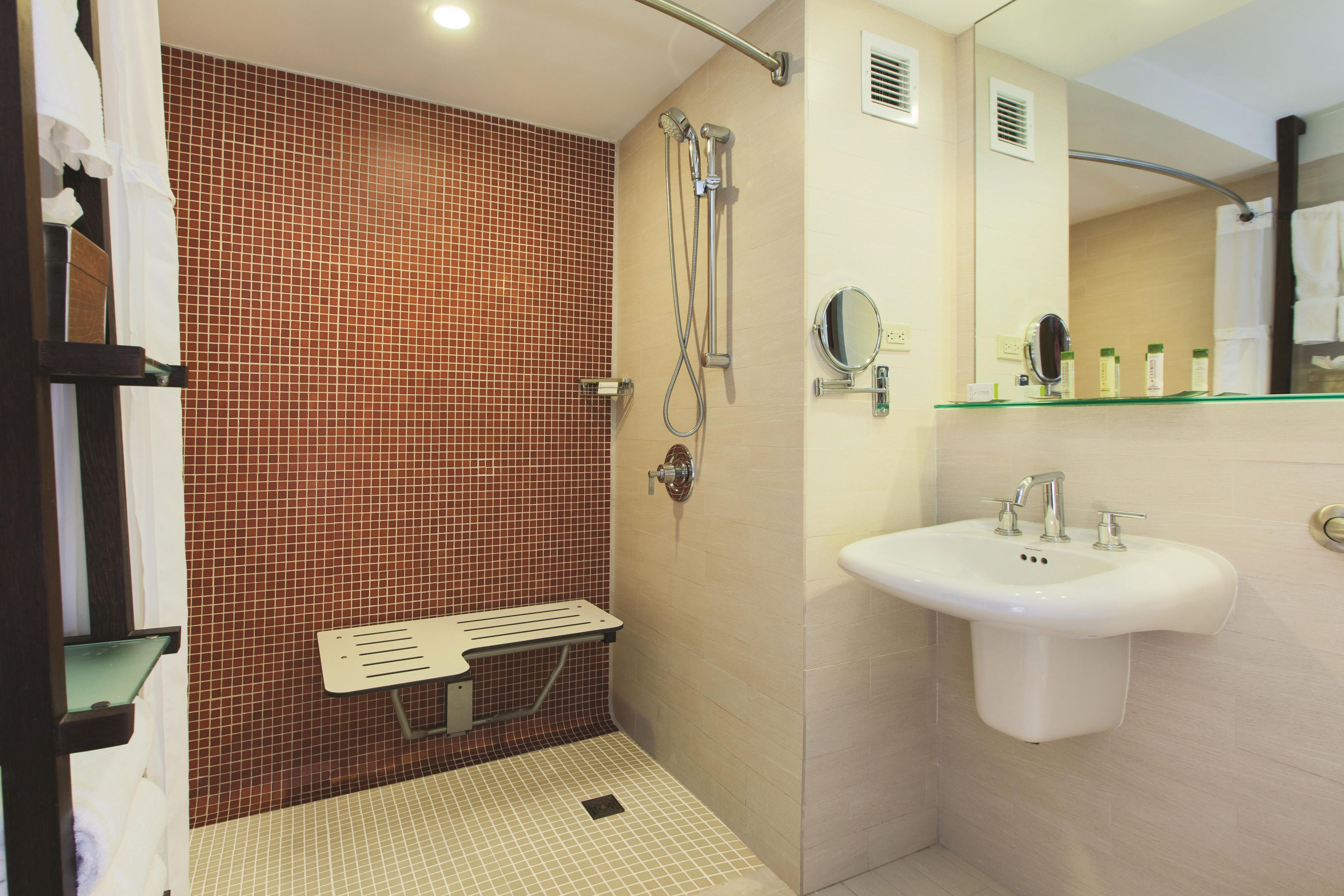Un baño con ducha, lavabo y espejo.