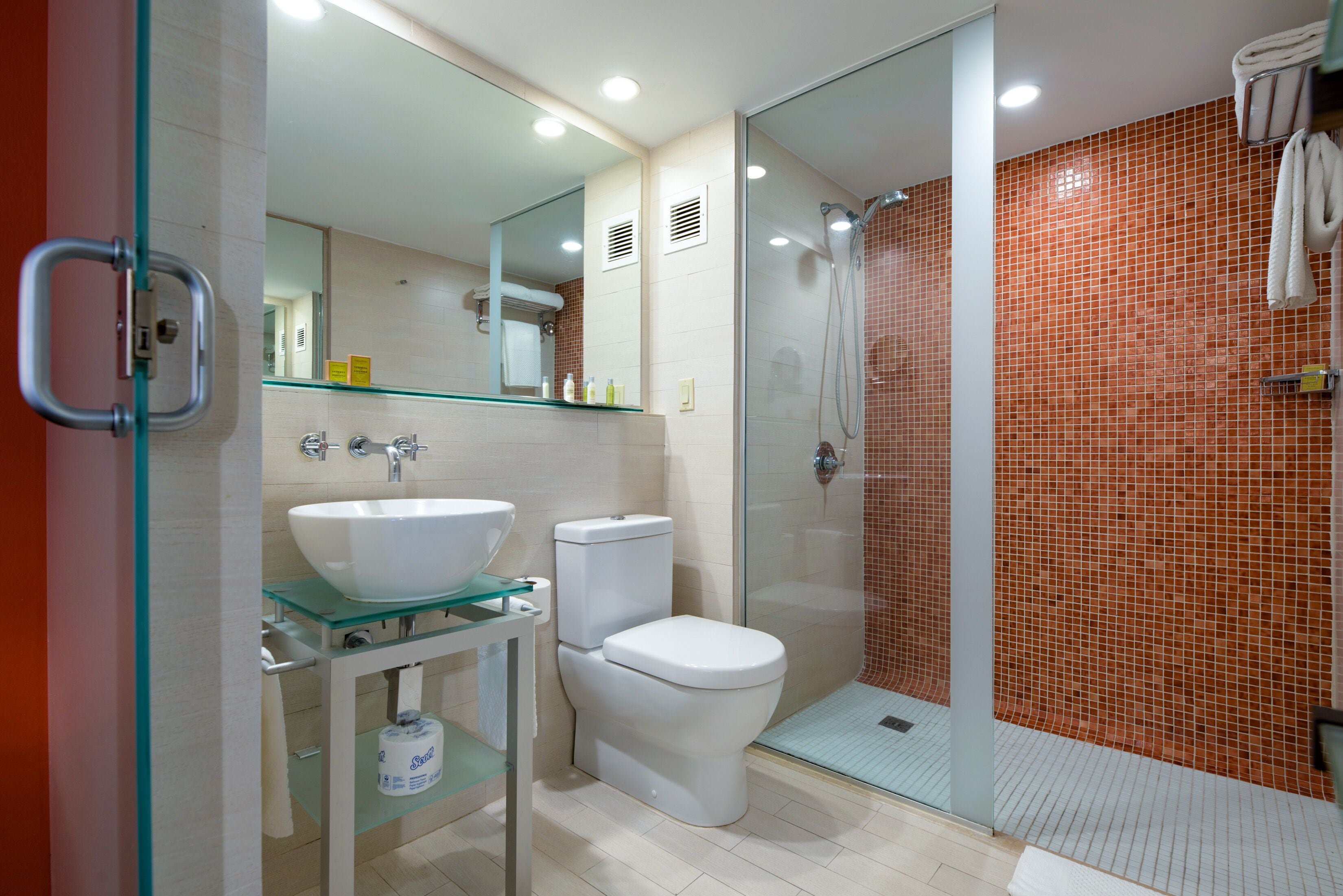 shower, free toiletries, bathrobes, towels