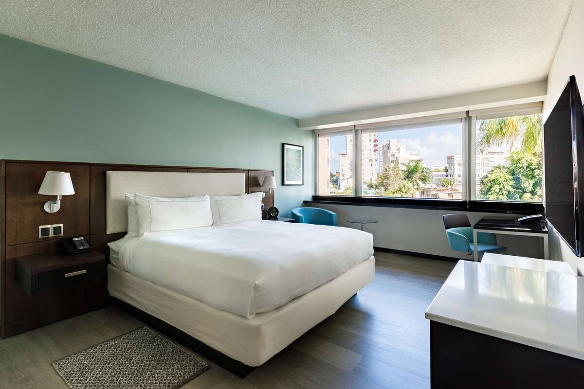 A hotel room with a large bed, a desk, a chair, a TV, and a window with a city view.