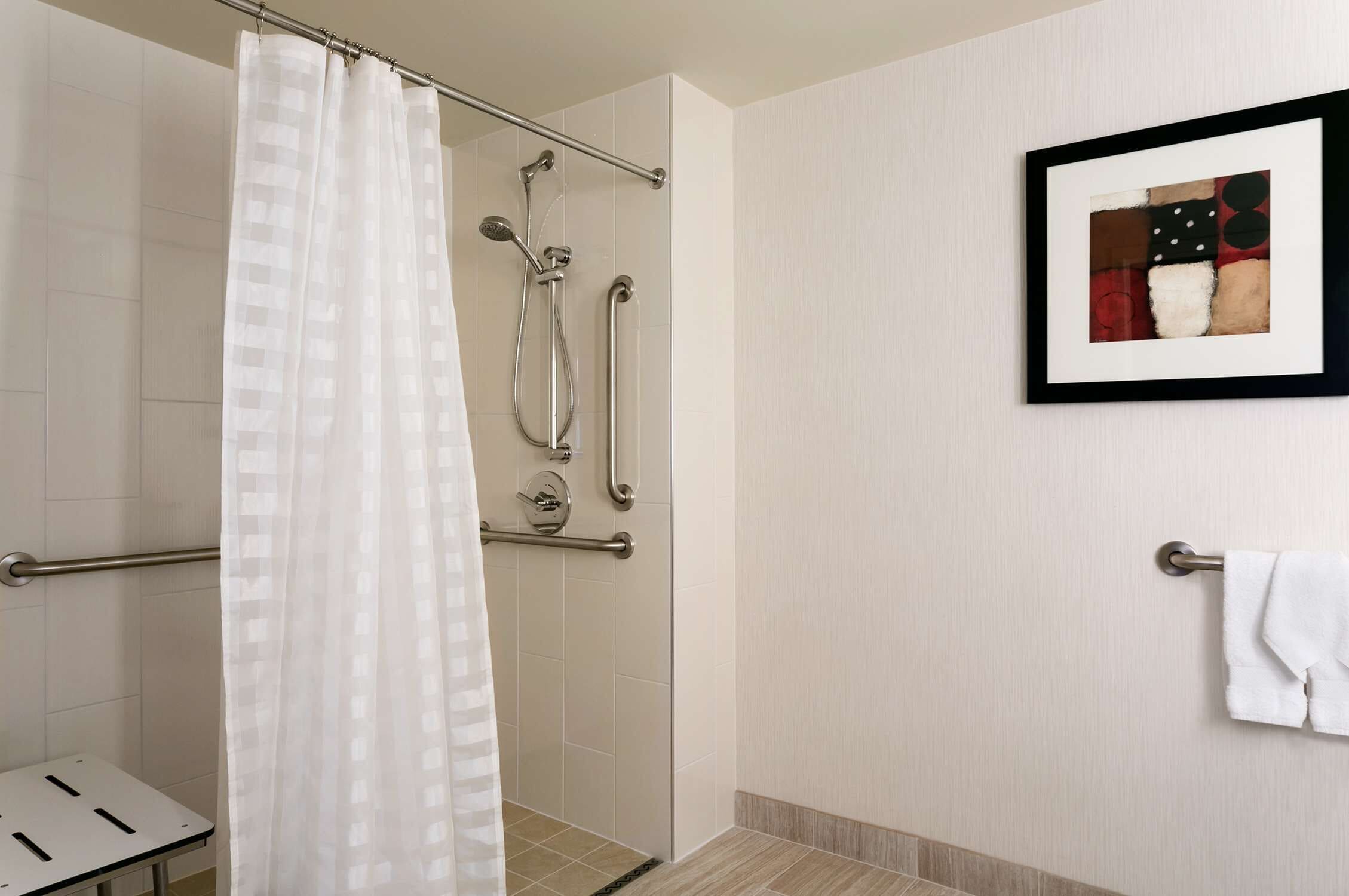 A modern bathroom with a shower, grab bars, a towel rack, and a framed artwork on the wall.