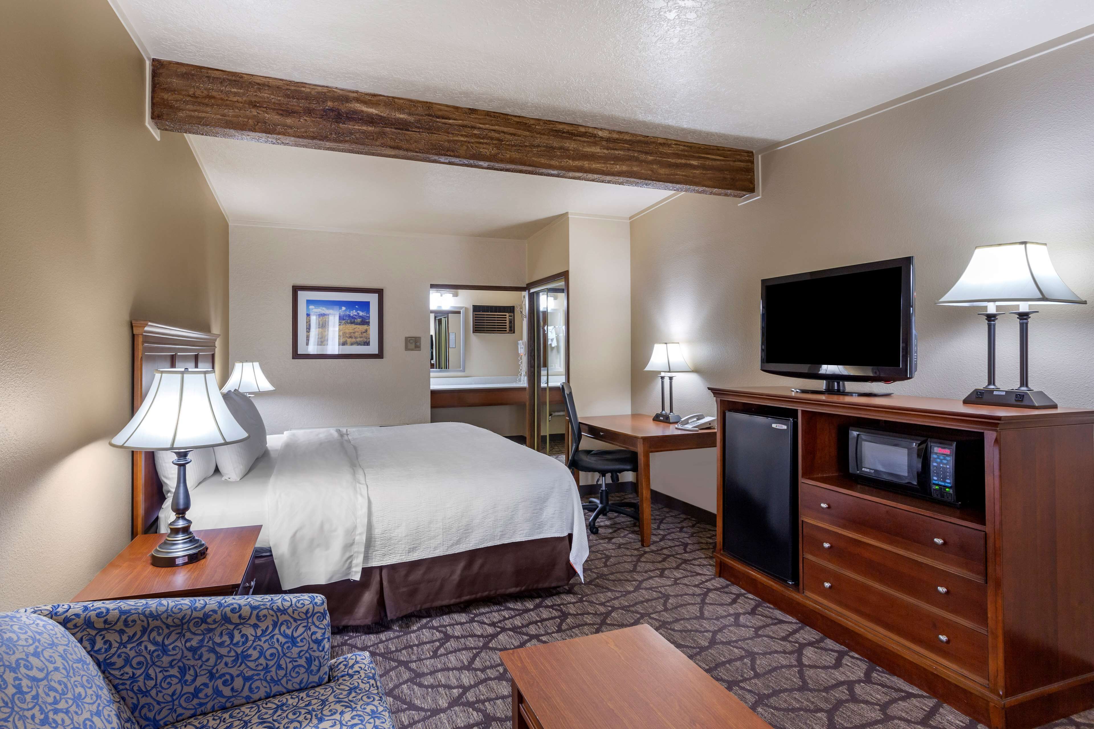A hotel room with a bed, desk, television, and a sofa.