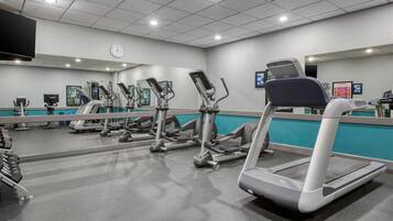 A gym with multiple treadmills, elliptical machines, and weight benches.