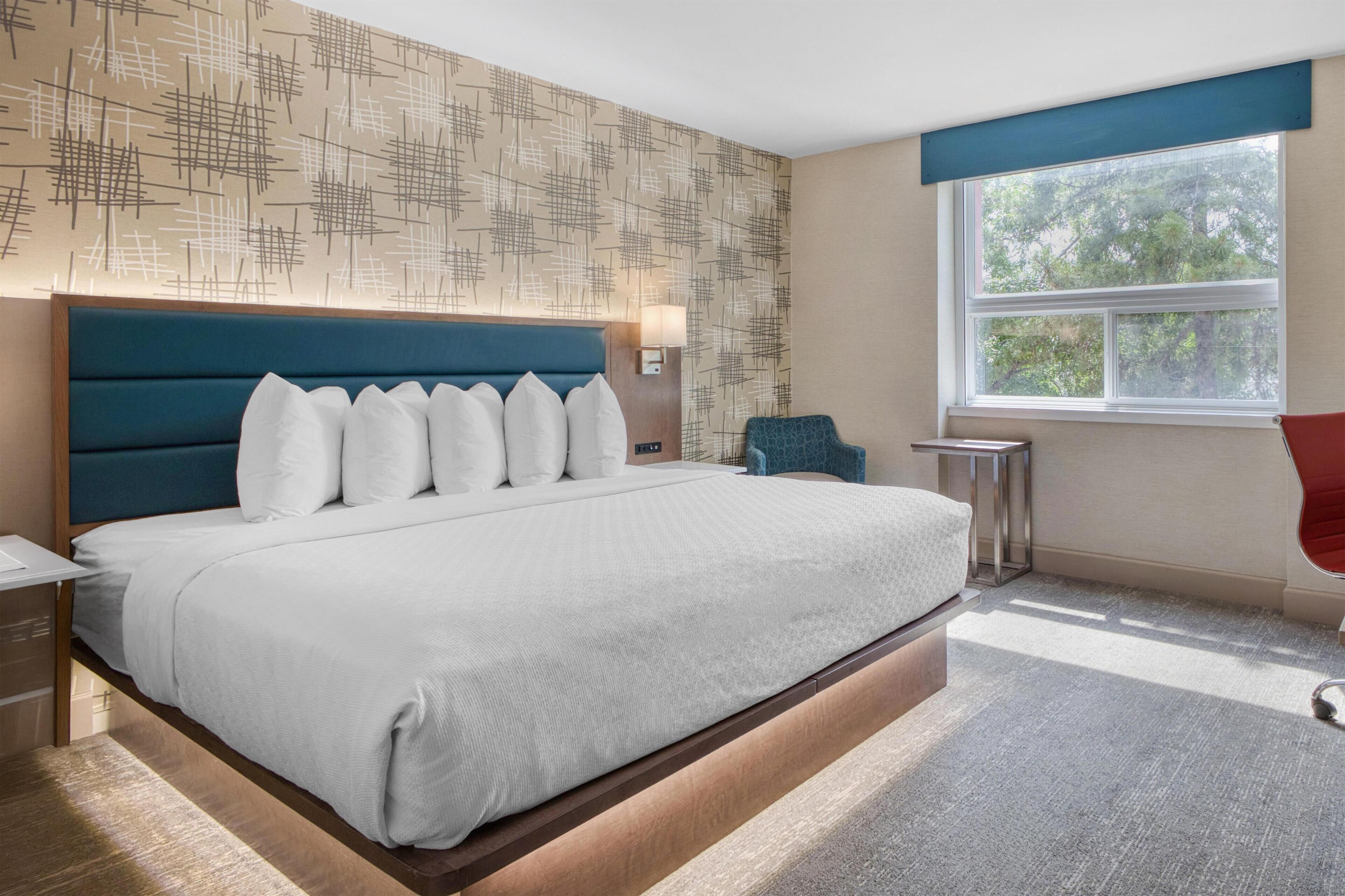 A modern hotel room with a large bed, a nightstand, a desk, a chair, a window with a view of trees, and a patterned wall.