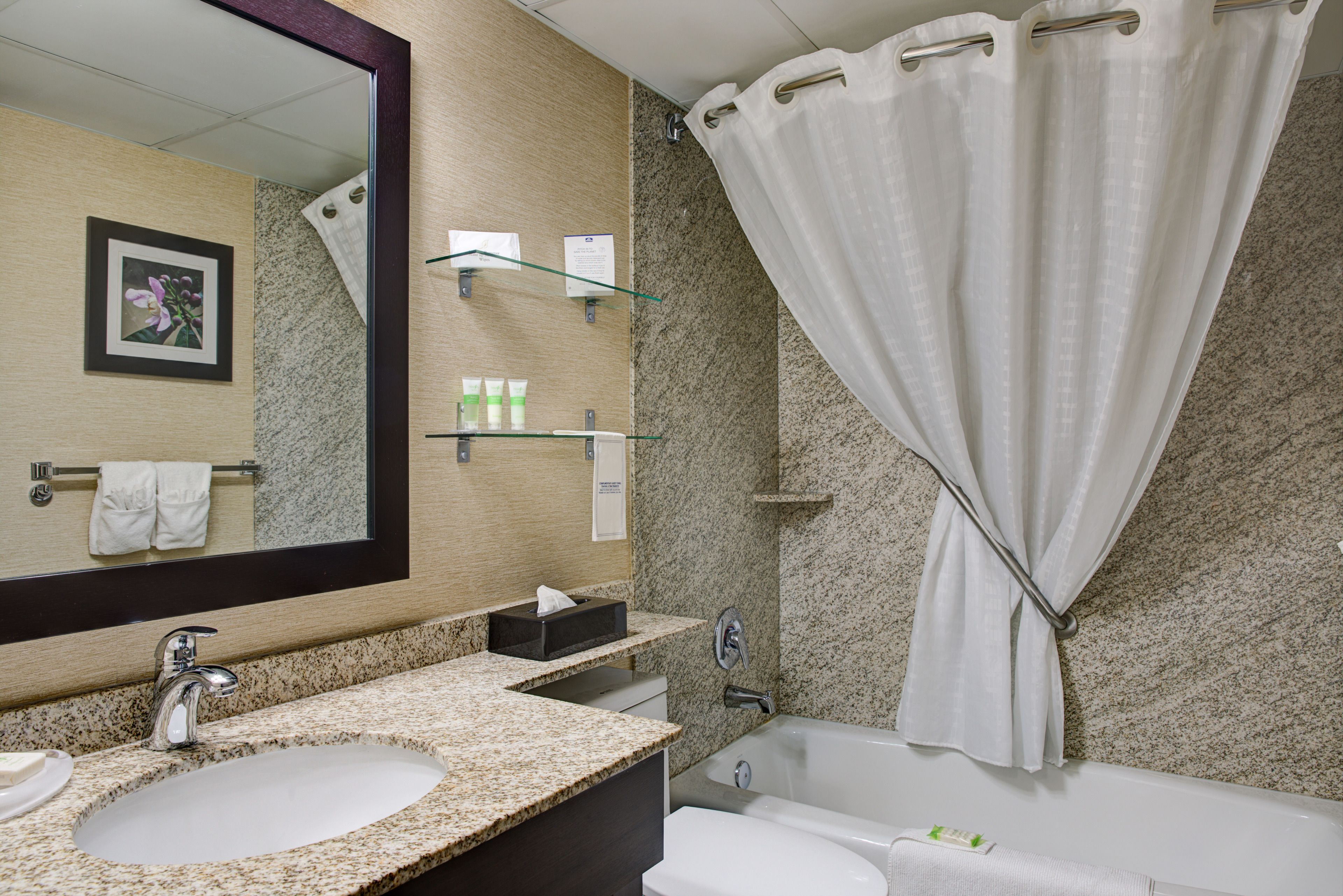 combined shower/bathtub, designer toiletries, hair dryer, towels