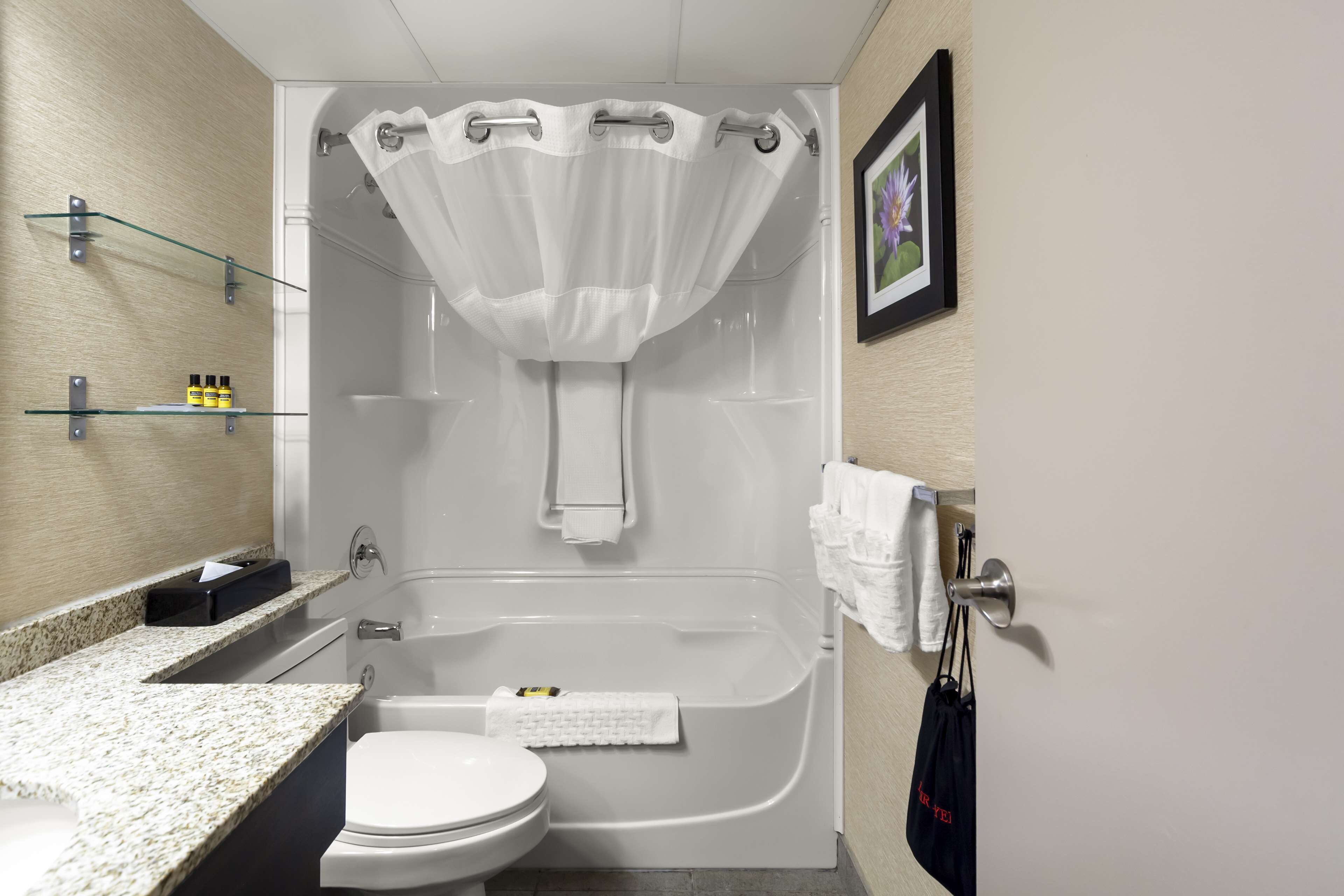 combined shower/bathtub, designer toiletries, hair dryer, towels